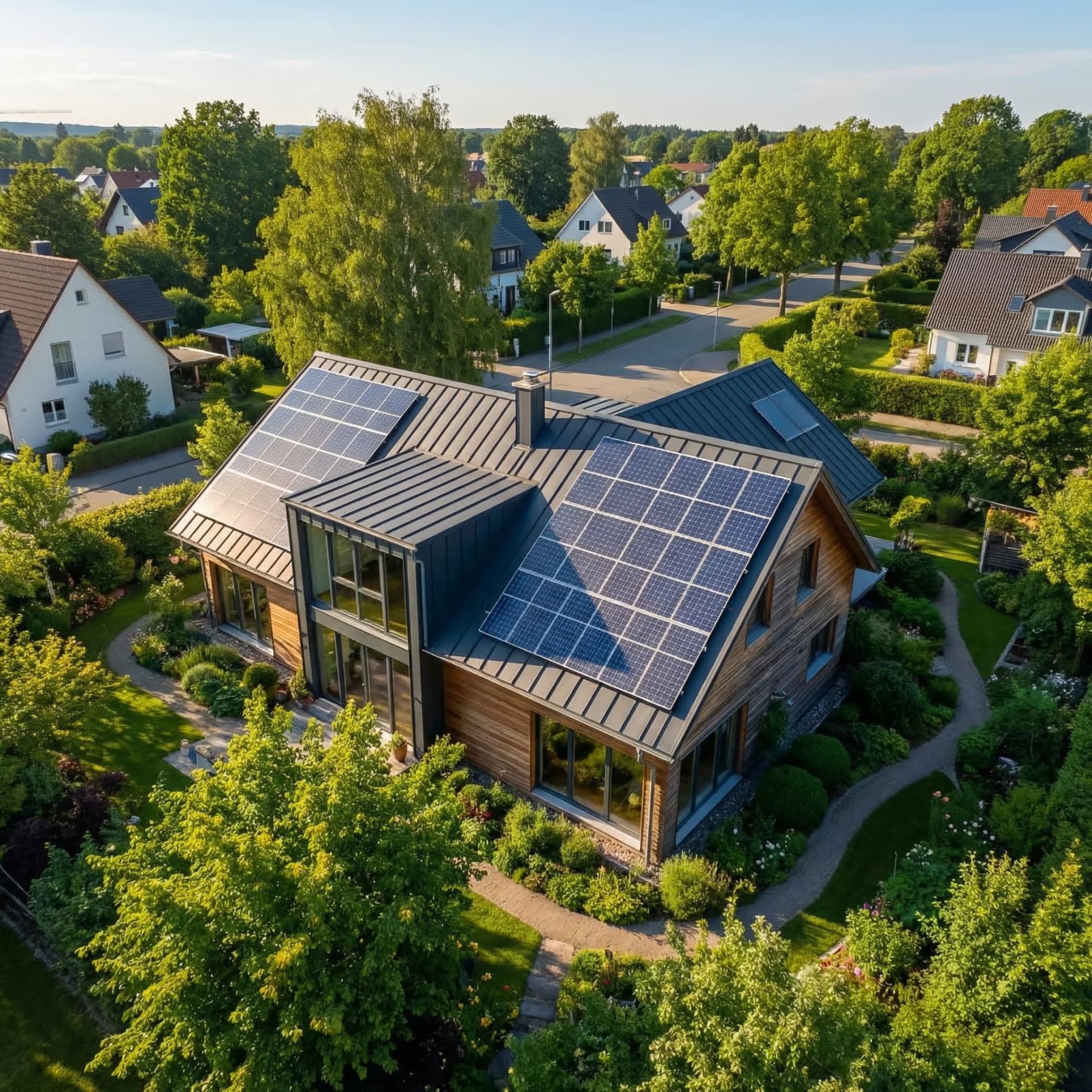 Solaranlage auf Schweizer Einfamilienhaus – Luftaufnahme