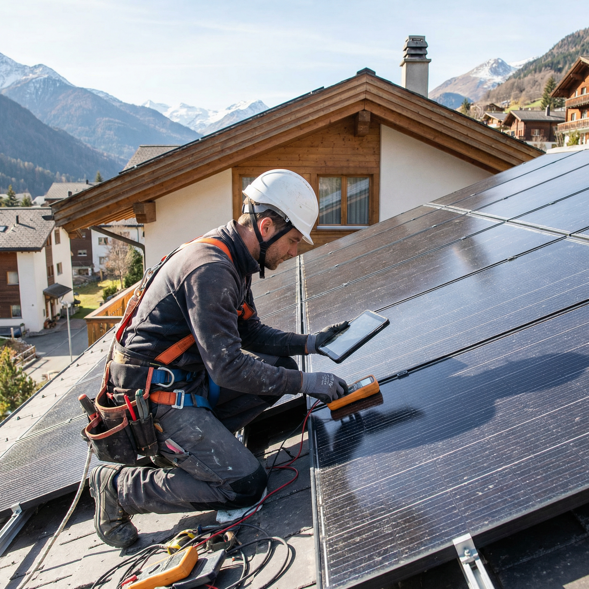 Technicien sur un toit avec panneaux solaires – autorisation Suisse