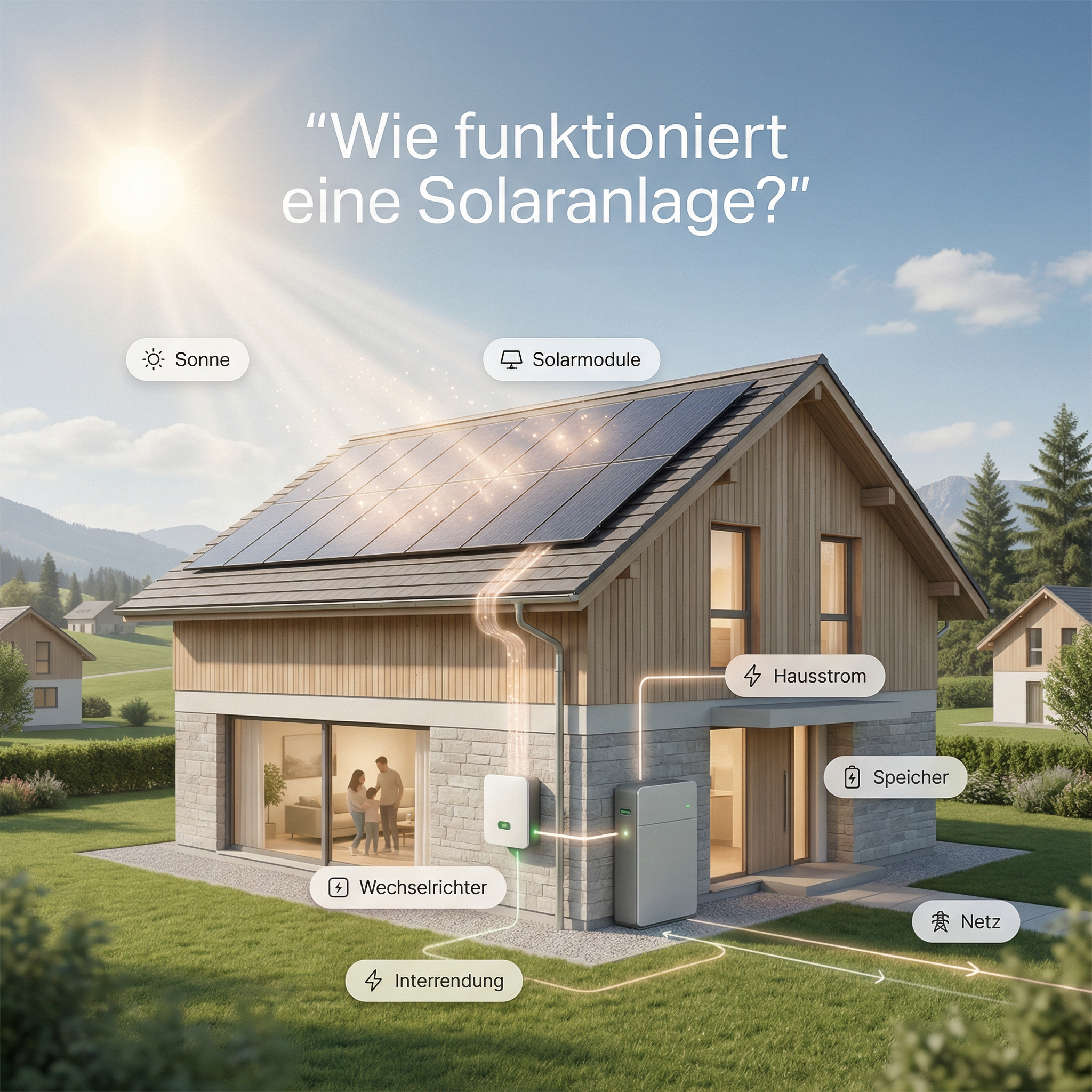 Comment fonctionne une installation solaire – illustration avec soleil, modules solaires, onduleur, stockage et électricité domestique